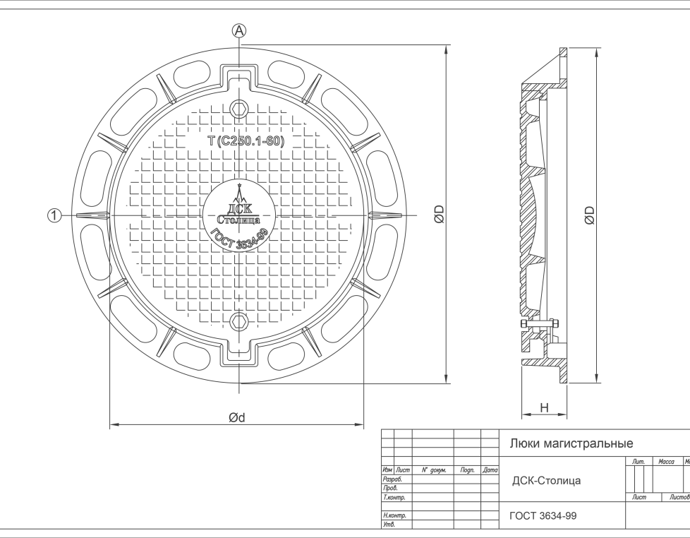 Люк канализационный тяжёлый плавающего типа с неподвижным кольцом (К, В, Д) (тип Т С250 1-60)